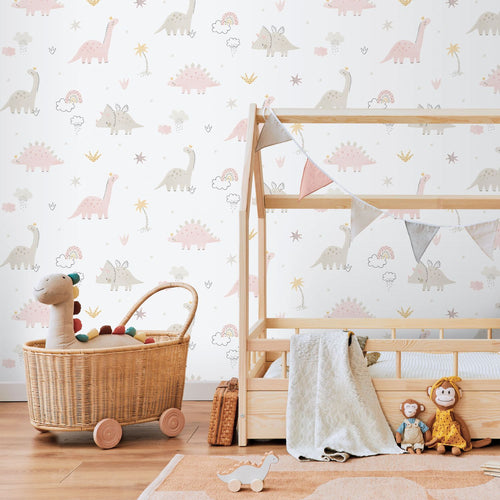 Sanders & Sanders behang dinosaurussen licht roze, wit en grijs - 53 cm x 10.05 m - 640620