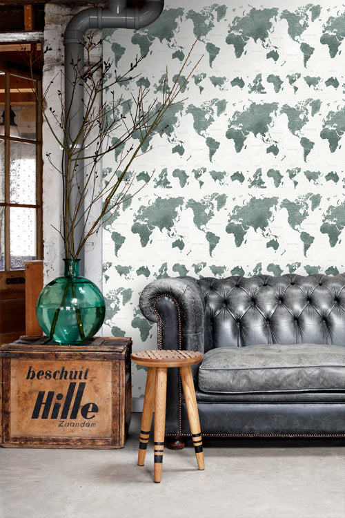 ESTAhome behang vintage wereldkaarten vergrijsd groen - 53 cm x 10.05 m - 138971