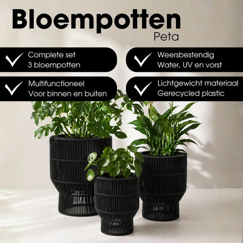 Mica Decorations Peta Bloempot op Standaard voor Buiten – Set van 3 – Plantenpot voor Bloemen en Buitenplanten – Bloempotten voor Buiten – Zwart