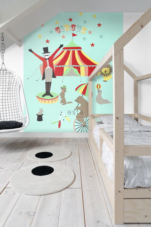 ESTAhome fotobehang circus figuren turquoise, rood, geel, roze, bruin en grijs - 186 x 279 cm - 158703 - vtwonen shop