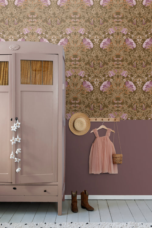 ESTAhome behang vintage bloemen in art nouveau stijl bruin en mauve paars - 50 x 900 cm - 131729