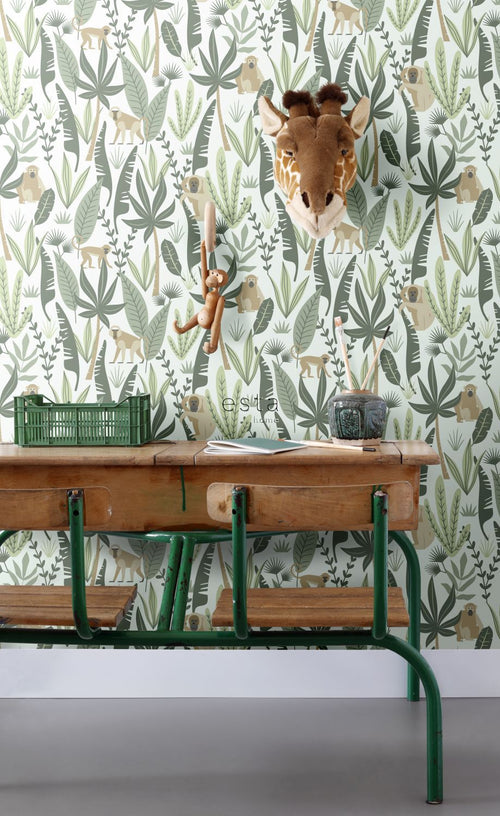 ESTAhome behang jungle apen mintgroen en donkergroen - 53 cm x 10.05 m - 139073
