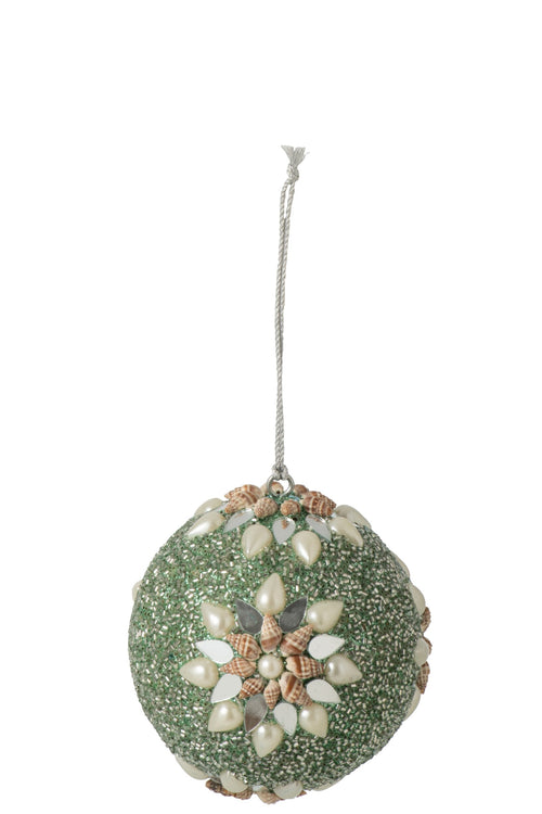 J-Line kerstbal Kralen + Schelp - kunststof - lichtgroen/wit - 12 stuks