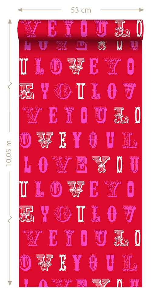 ESTAhome behang love you - quotes rood en roze - 53 cm x 10.05 m - 136834