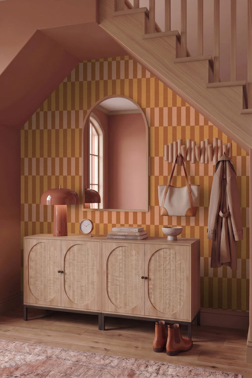 ESTAhome behang linnen-look strepen okergeel en terracotta - 50 x 900 cm - 132246