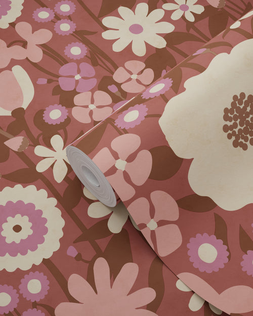 ESTAhome behang retro bloemen aubergine paars en roze - 50 x 900 cm - 132162