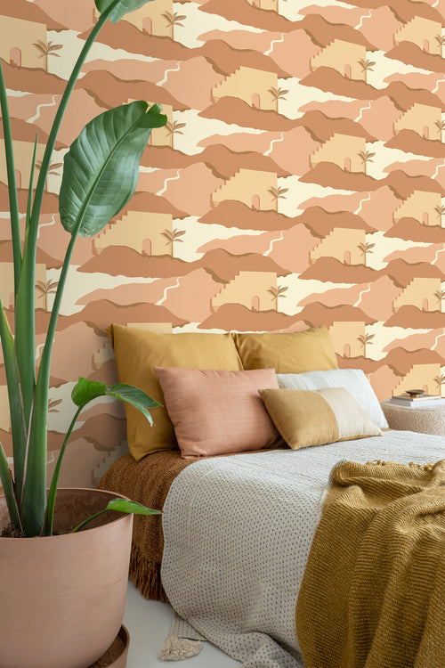 ESTAhome behang mediterrane huisjes beige en terracotta roze - 50 x 900 cm - 139625 - vtwonen shop