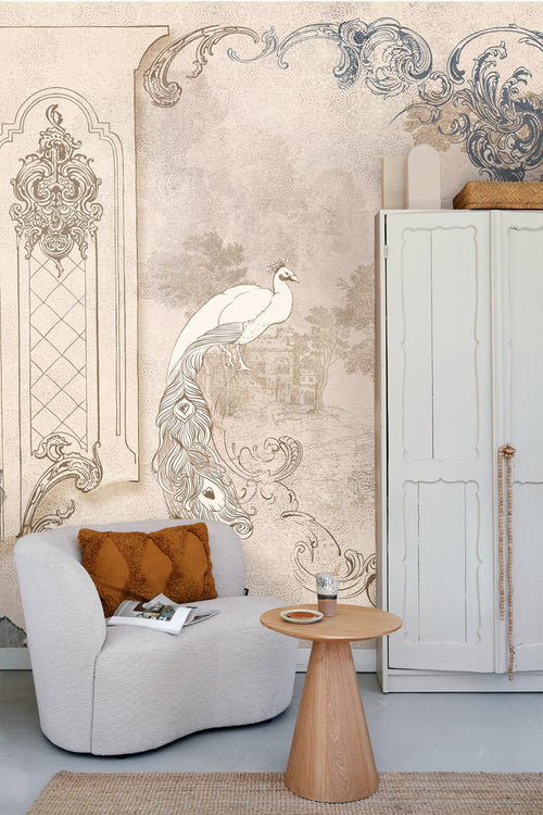 Sanders & Sanders fotobehang Oosters landschap met pauwen beige - 375 x 270 cm - 600975 - vtwonen shop