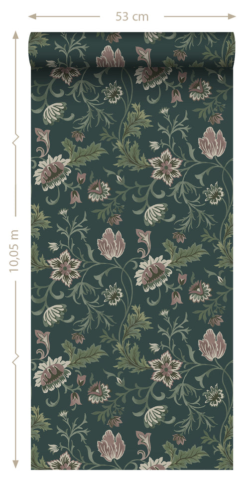 ESTAhome behang vintage bloemen antraciet grijs en groen - 53 cm x 10.05 m - 139415