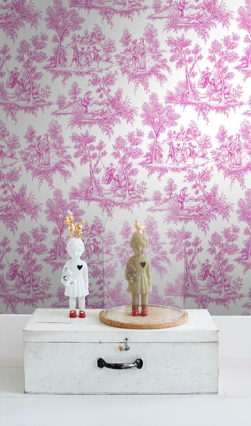 ESTAhome behang toile de jouy print roze - 53 cm x 10.05 m - 136819