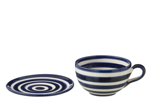 J-Line kopje + schoteltje Granada Stripes - keramiek - wit/blauw
