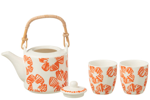 J-Line theepot Bloemen - keramiek - oranje - doos van 3 stuks