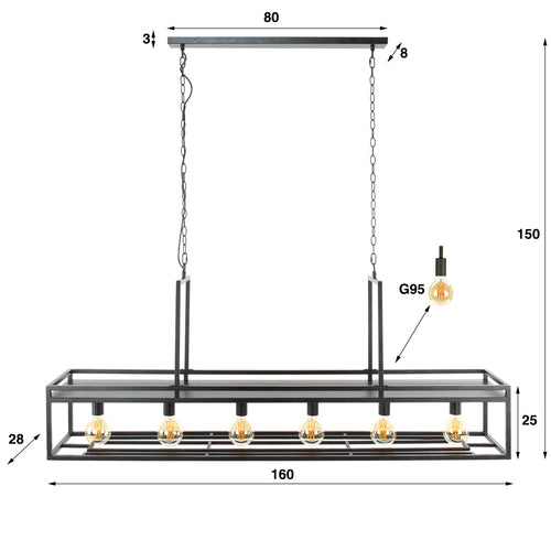 Giga Meubel Hanglamp Decorate - Zwart Metaal - 6-Lichts - 160x28x150cm