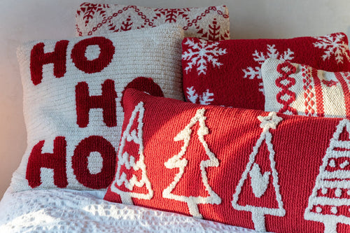 J-Line kussen Hohoho - polyester - kerstrood/wit - 2 stuks