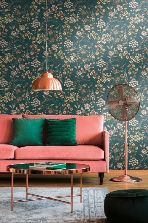 Livingwalls behang bloemen petrolblauw, oranje, geel, bruin en wit - 53 cm x 10.05 m - AS-391174 - vtwonen shop