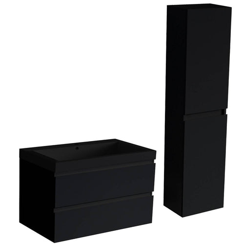 LOMAZOO badmeubelset Avalon - met hoge kast & zwarte wastafel - mat zwart - 80 cm