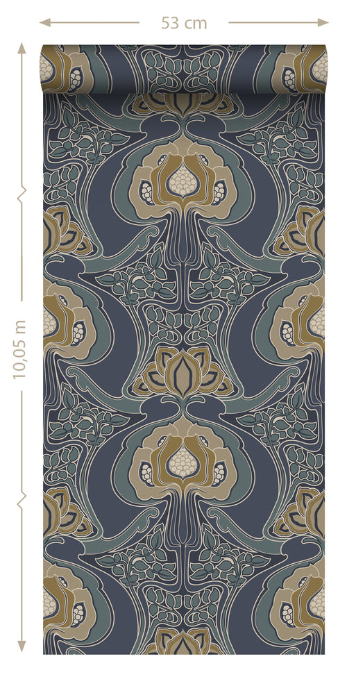 ESTAhome behang vintage bloemen in art nouveau stijl vergrijsd blauw - 0.53 x 10.05 m - 139572 - vtwonen shop