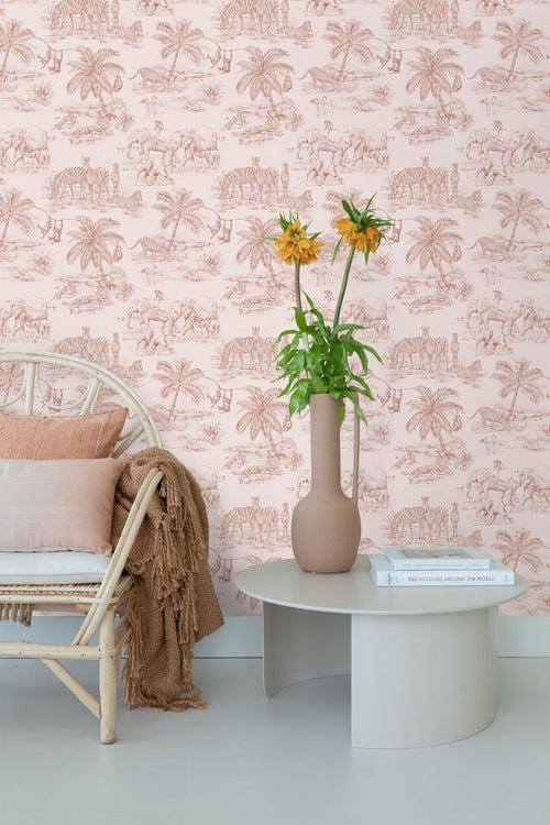 ESTAhome behang jungle dieren terracotta roze - 53 cm x 10.05 m - 139348