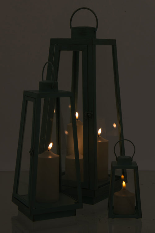 J-Line lantaarn + kaars - glas - turkoois - large - LED lichtjes