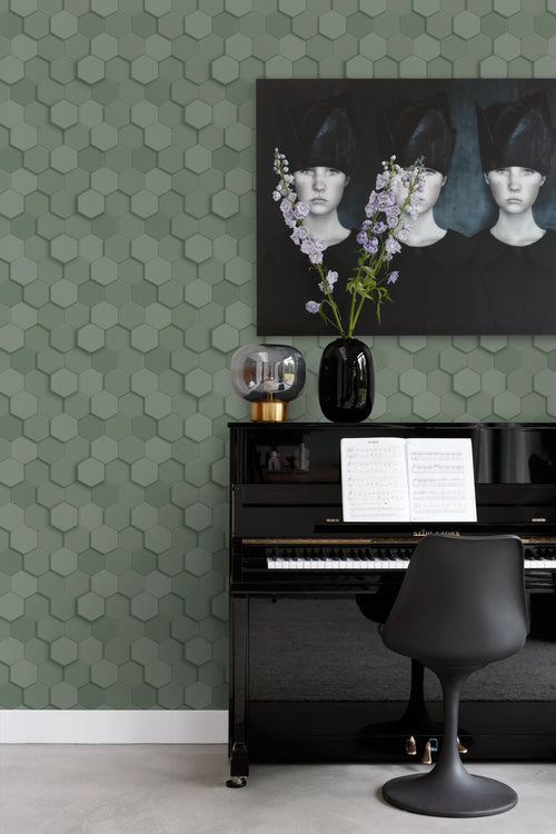 Origin Wallcoverings behang 3d hexagon motief vergrijsd groen - 53 cm x 10.05 m - 347851 - vtwonen shop