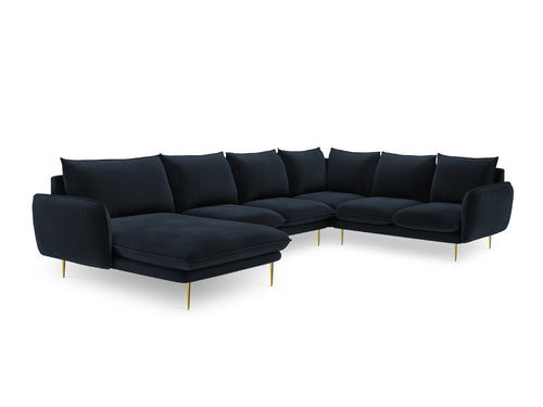 Cosmopolitan Design Panoramische hoekbank rechts Vienna 7-zits, flueel, donkerblauw - 235x330x95cm