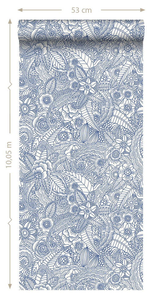 ESTAhome behang bloemtekeningen blauw op wit - 53 cm x 10.05 m - 148615
