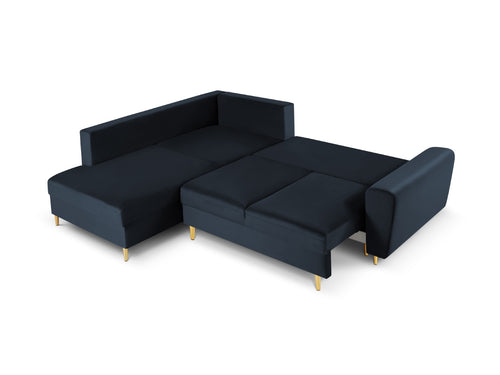 Cosmopolitan Design Uitklapbare hoekbank links met opbergdoos Kyoto 5-zits, flueel, donkerblauw - 194x243x88cm
