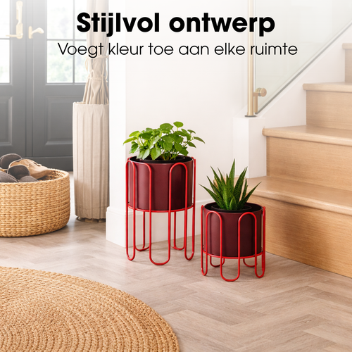 Mica Decorations Dione Bloempot op Standaard - Plantenpot Set van 2 - Plantenstandaard H35 x Ø26 cm - Plantenhouder van Metaal - Pottenset - Rood