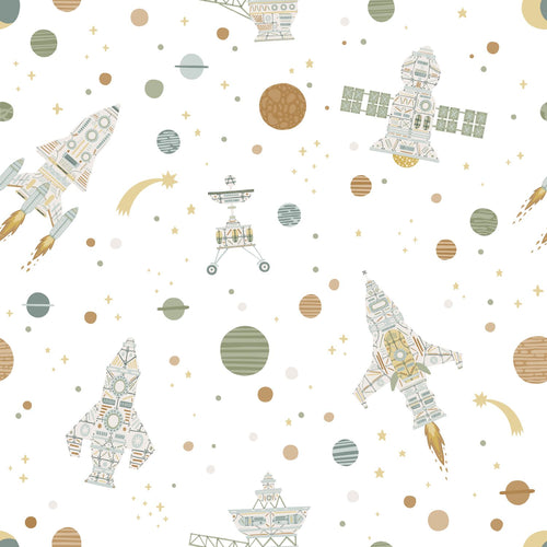 ESTAhome behang planeten in de ruimte wit, groen en bruin - 50 x 900 cm - 132069