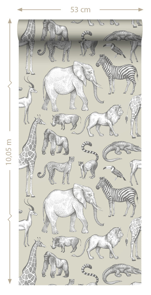 ESTAhome behang jungle dieren groen grijs - 53 cm x 10.05 m - 139270