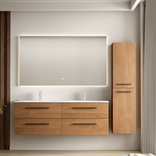 LOMAZOO badmeubelset Navero - met hoge kast & witte wastafel - warm eiken - 140 cm