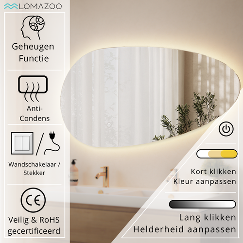 LOMAZOO badkamerspiegel Adana - organisch - met LED verlichting & spiegelverwarming - asymmetrisch - 80 x 40.6 cm
