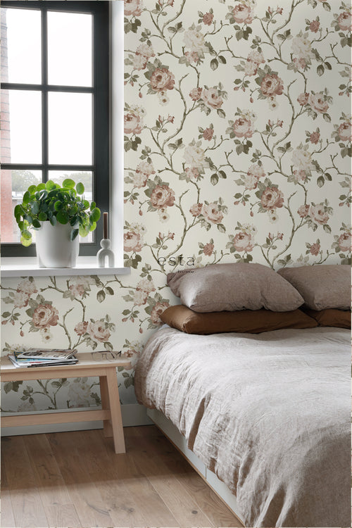 ESTAhome behang vintage bloemen gebroken wit en oudroze - 53 cm x 10.05 m - 139406