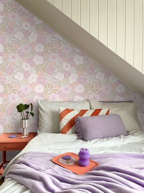 ESTAhome behang bloemen in Matisse stijl lichtpaars, groen en oranje - 53 cm x 10.05 m - 131002