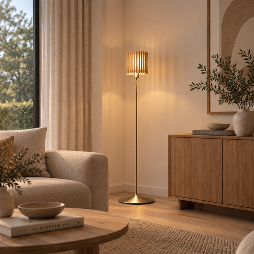 Umage Sante vloerlamp brushed brass met Komorebi medium oak natural - Ø 29 cm