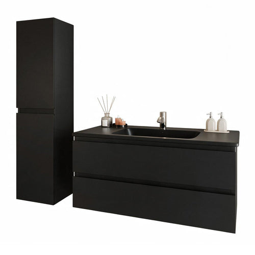 LOMAZOO badmeubelset Verona - met hoge kast & zwarte wastafel - mat zwart - 100 cm