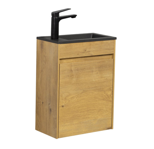 Badplaats Toiletmeubel Sinta 40 x 22 cm – Eiken – Fonteinmeubel met Zwarte Wastafel