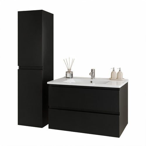 LOMAZOO badmeubelset Verona - met hoge kast & witte wastafel - mat zwart - 80 cm