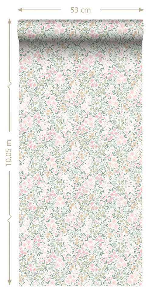 ESTAhome behang bloemetjes zacht roze en groen - 53 cm x 10.05 m - 139532