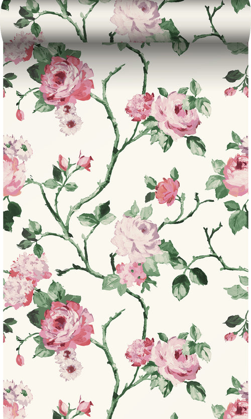 Origin Wallcoverings behang bloemen roomwit, roze en groen - 53 cm x 10,05 m - 347434 - vtwonen shop