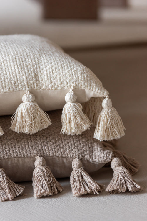 J-Line kussen Gewoven Kwasten - katoen - taupe