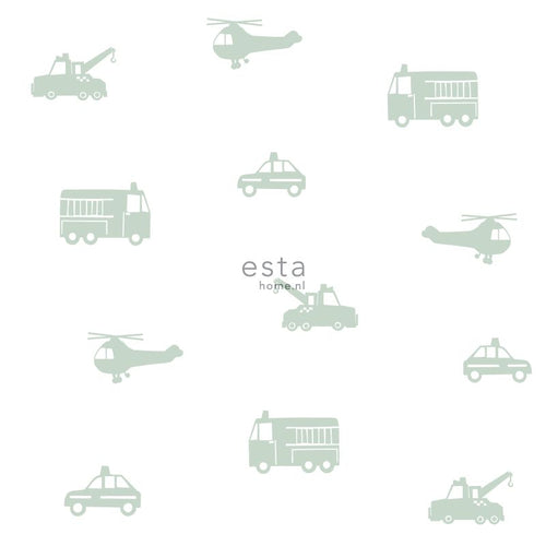ESTAhome behang auto's, brandweerauto's, helikopters en kranen groen 53 cm x 10.05 m 128856