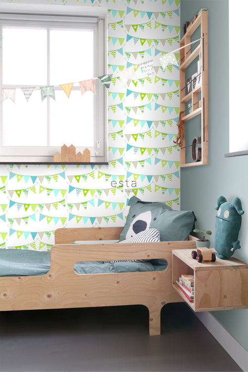ESTAhome behang vlaggetjes turquoise, limegroen en beige - 53 cm x 10.05 m - 138719