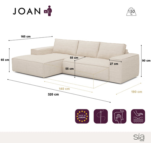 Sia Home - Hoekbank met slaapfunctie (links) JOAN - corduroy crème 302cm