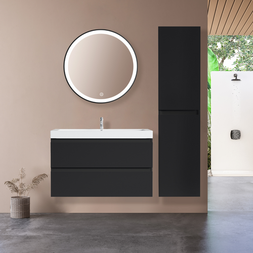 LOMAZOO badmeubelset Avalon - met hoge kast & witte wastafel - mat zwart - 80 cm