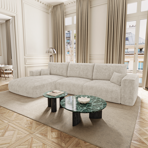 Premium Interiors - Linkshoekbank met slaapfunctie en opbergruimte COMO - zacht aanvoelende geweven stof crème 297cm