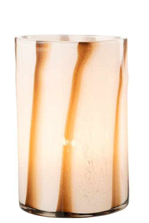 J-Line windlicht Strepen Safari - glas - wit/bruin - large