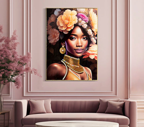 Multicolor schilderij van vrouw met gouden lijst cm 72x4,5x102