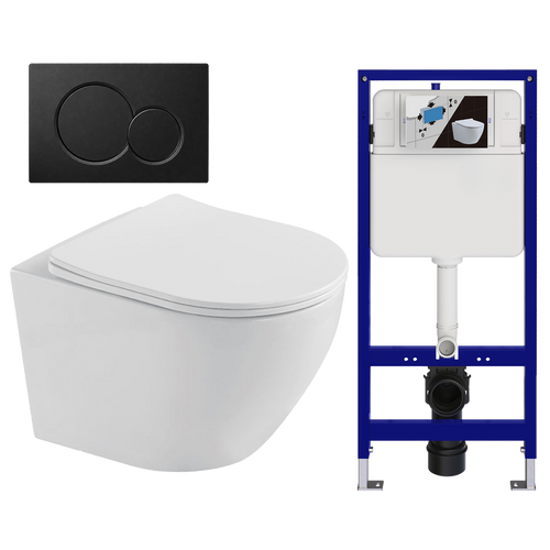 LOMAZOO hangtoiletset Linea - met inbouwreservoir & ronde drukplaat - rond - zwart / wit