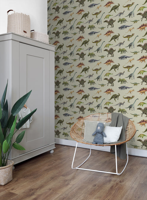 Sanders & Sanders behang dinosaurussen vergrijsd groen - 50 x 900 cm - 935367